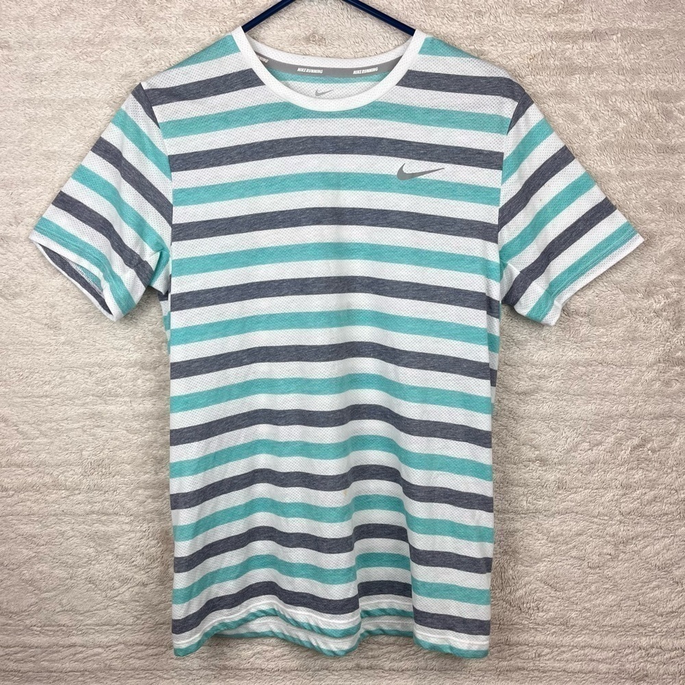 NIKE Mesh Running Top Striped Shirt Crewneck Back Zippered Pocket Medium